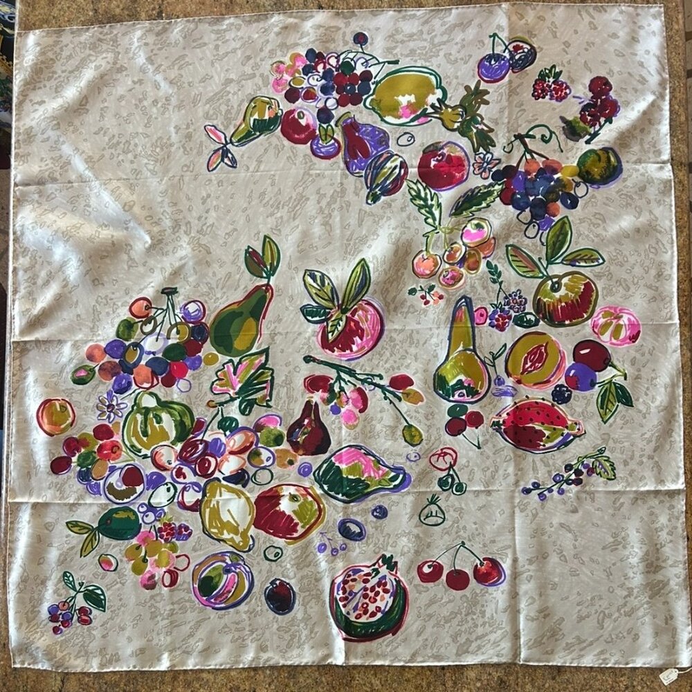 Vintage New Silk Esterel Scarf Made in Italy Beige color with Fruit ~ 34 x 34